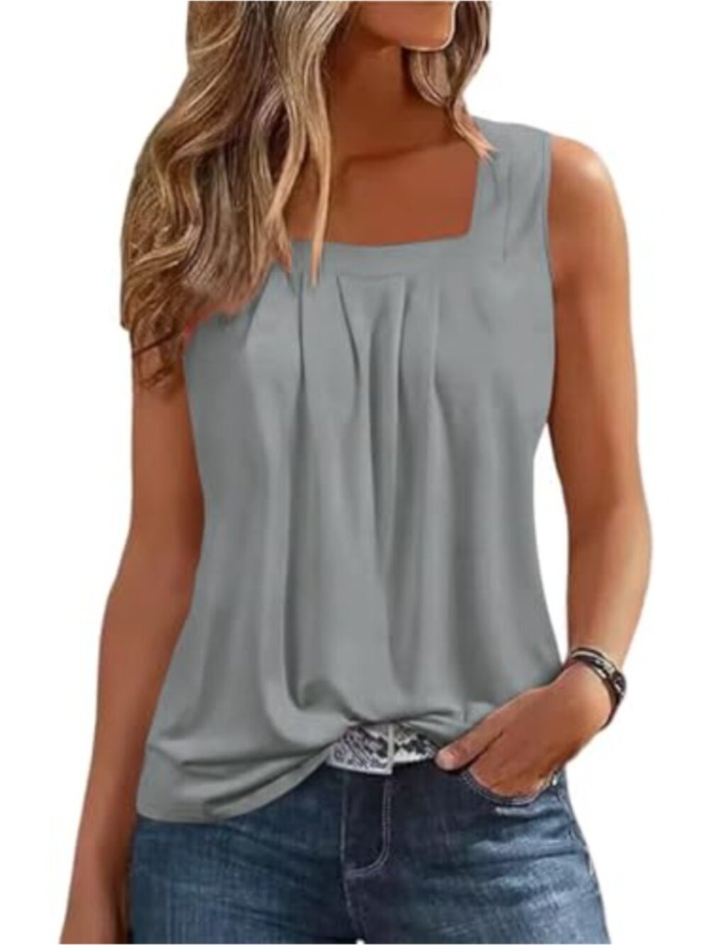 Women's Square Neck Pleated Tank Top Sleeveless Flowy Loose Fit Summer